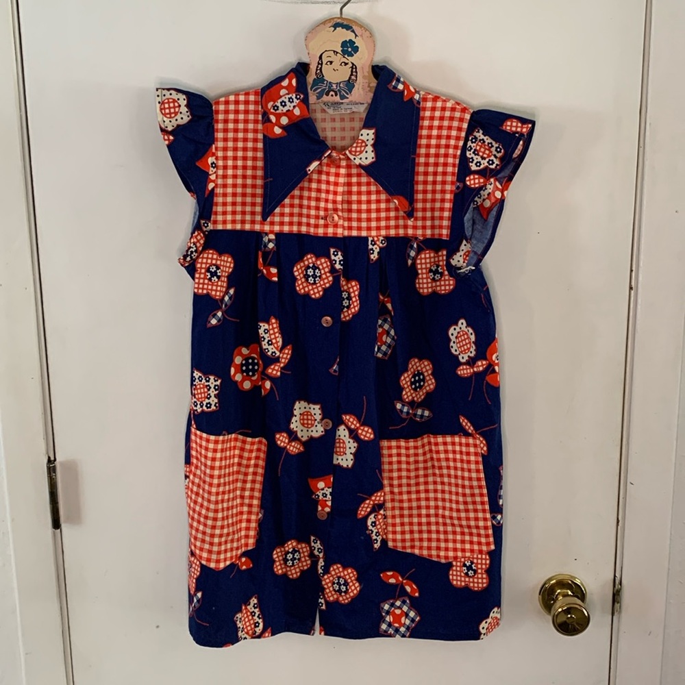 Vintage Radlee blue smock dress with red white blue faux appliqué floral Size M